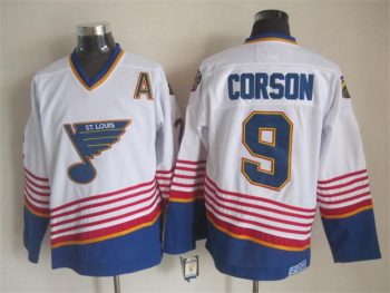 Vintage St. Louis Blues #9 CORSON stitched White-Blue-Red-Yellow Hockey Jersey Throwback Edition