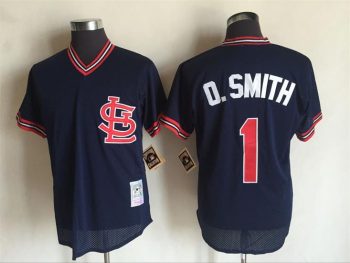 Vintage St. Louis Cardinals #1 Ozzie Smith Stitched Navy Blue Mesh Baseball Jersey Throwback Edition