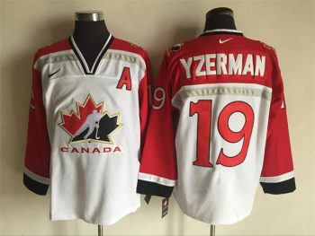 Vintage Team Canada #19 Steve Yzerman Stitched White & Red Hockey Jersey Throwback Edition