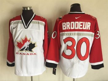 Vintage Team Canada #30 Martin Brodeur Stitched White & Red Hockey Jersey Throwback Edition
