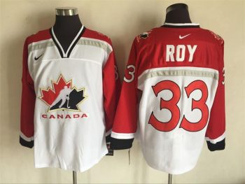 Vintage Team Canada #33 Patrick Roy Stitched White & Red Hockey Jersey Throwback Edition