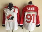 Vintage Team Canada #91 Joe Sakic Stitched White & Red Hockey Jersey Throwback Edition