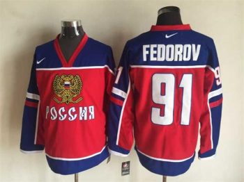 Vintage Team Russia #91 Sergei Fedorov Stitched Red & Blue Hockey Jersey Throwback Edition