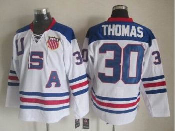 Vintage Team USA #30 THOMAS stitched White-Navy Blue-Red Hockey Jersey Throwback Edition