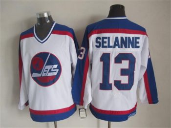 Vintage Winnipeg Jets #13 Teemu Selanne Stitched White Hockey Jersey Throwback Edition (2)